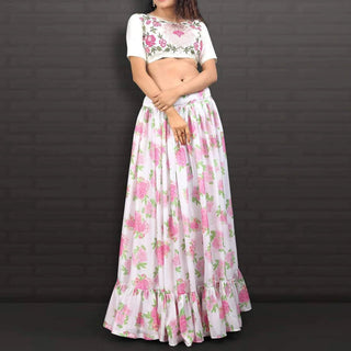 Ruffled White Floral Digital Printed Jacket Lehenga in Georgette ClothsVilla