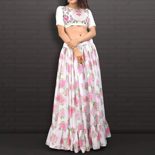 Ruffled White Floral Digital Printed Jacket Lehenga in Georgette ClothsVilla