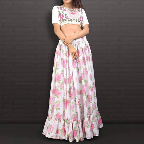Ruffled White Floral Digital Printed Jacket Lehenga in Georgette ClothsVilla