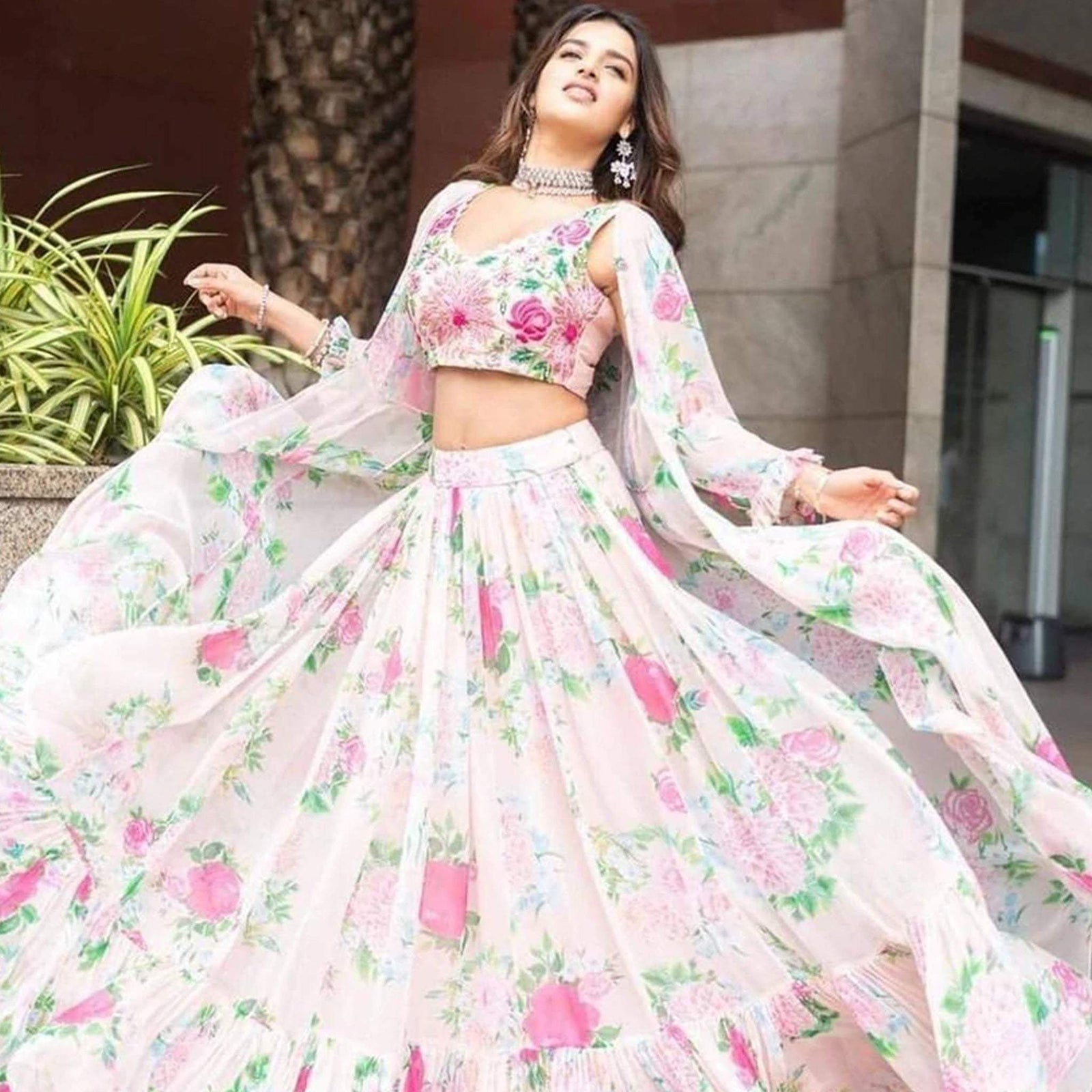 Ruffled White Floral Digital Printed Jacket Lehenga in Georgette ClothsVilla