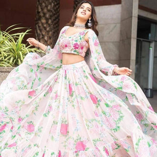 Ruffled White Floral Digital Printed Jacket Lehenga in Georgette ClothsVilla