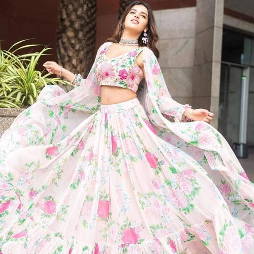 Ruffled White Floral Digital Printed Jacket Lehenga in Georgette ClothsVilla