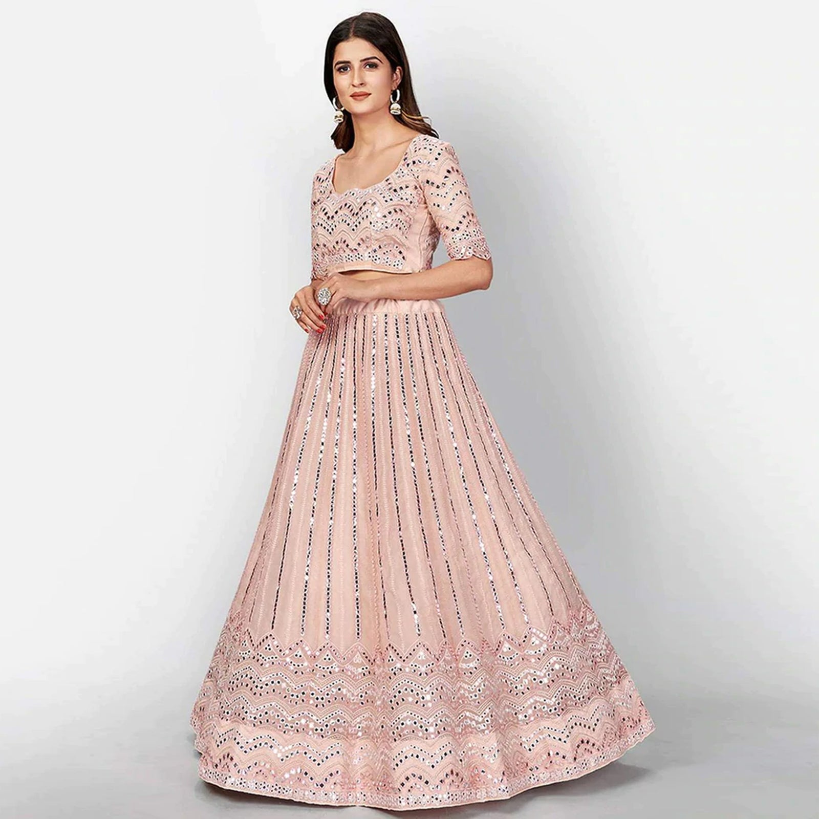 Salmon Thread and Foil Mirror Cutwork Lehenga choli ClothsVilla
