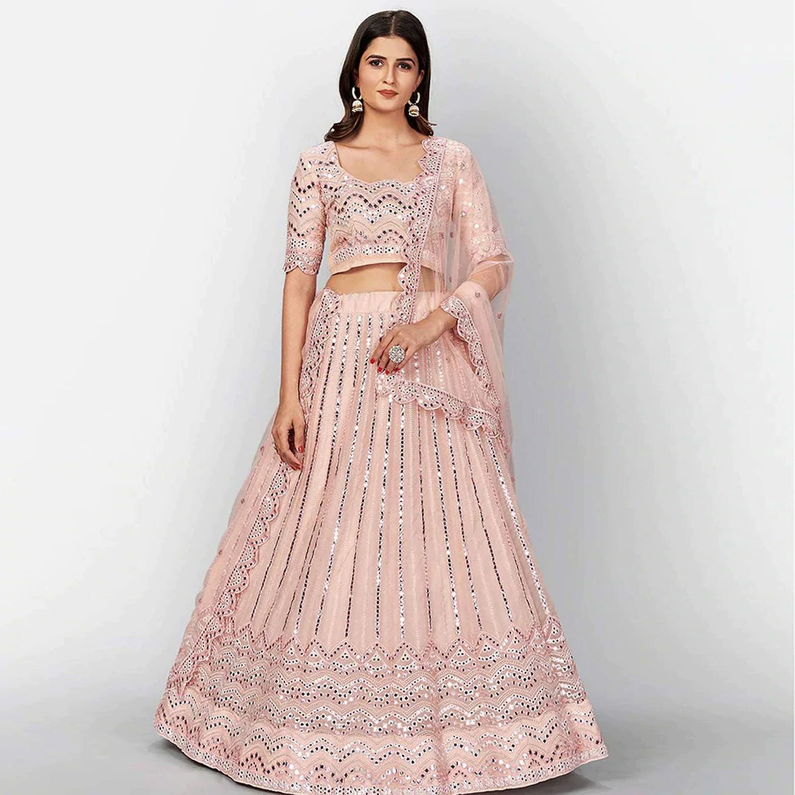 Salmon Thread and Foil Mirror Cutwork Lehenga choli ClothsVilla