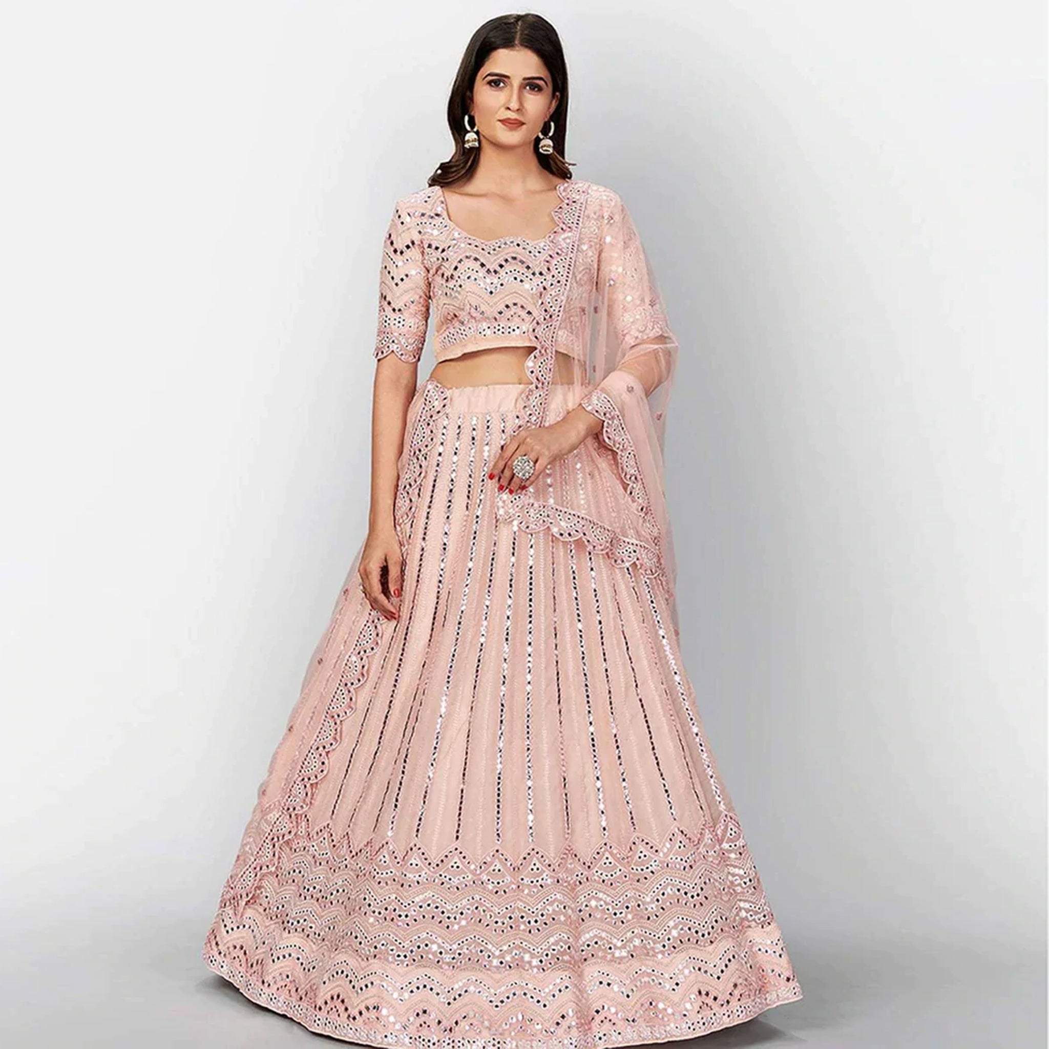 Salmon Thread and Foil Mirror Cutwork Lehenga choli ClothsVilla