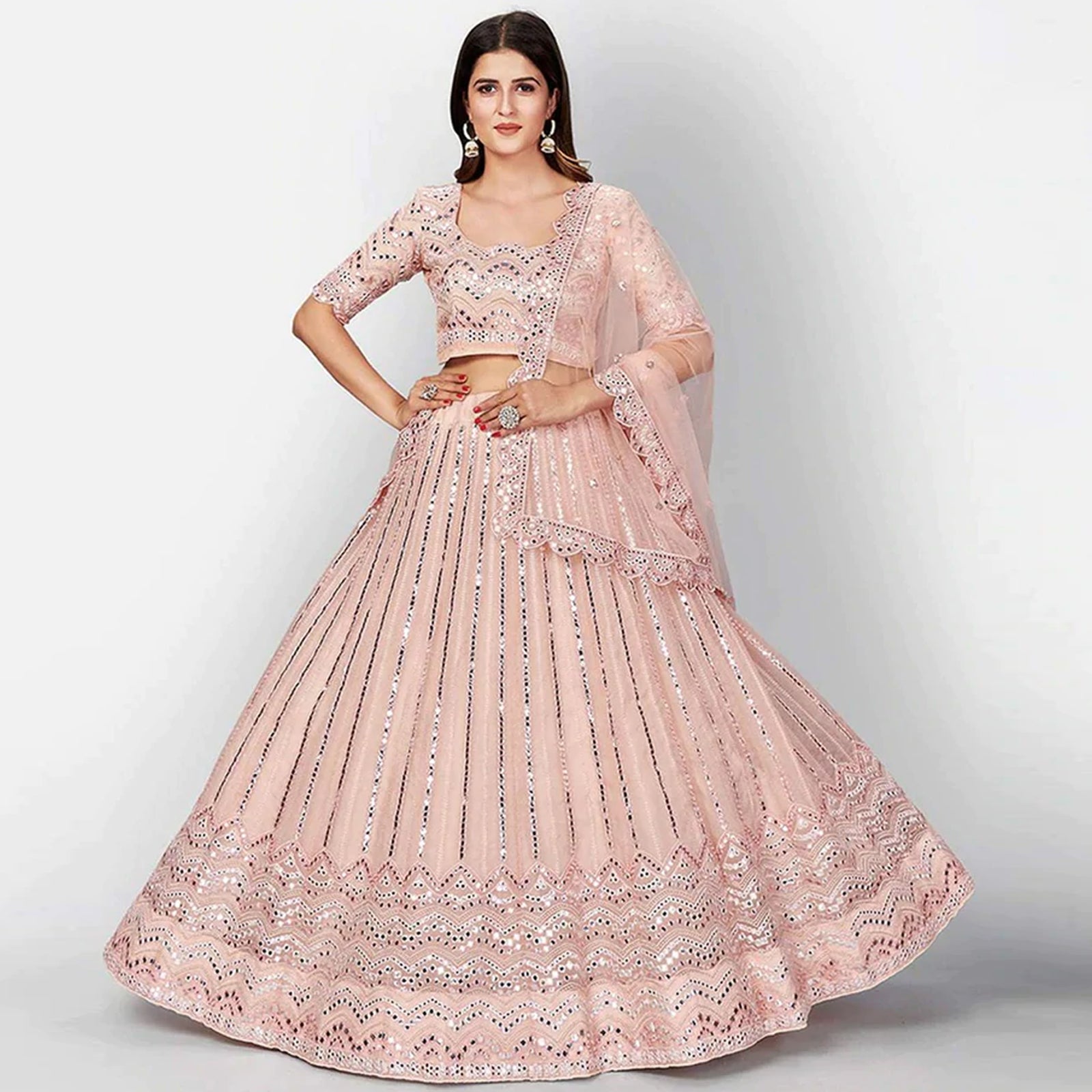 Salmon Thread and Foil Mirror Cutwork Lehenga choli ClothsVilla