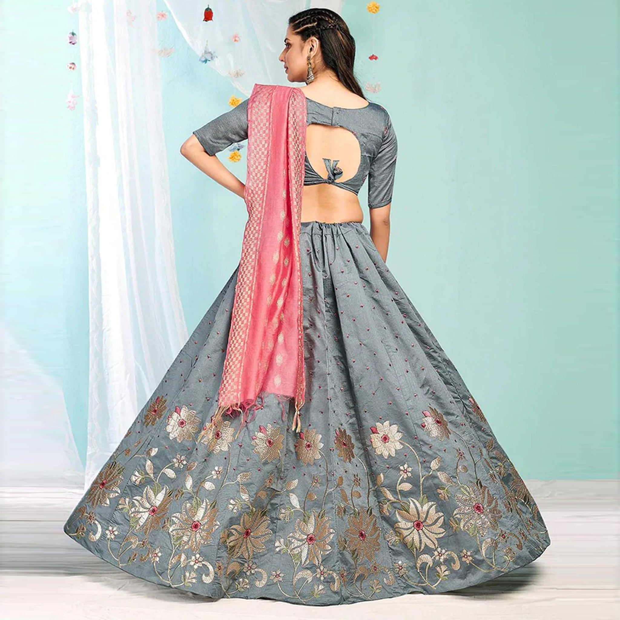Santa Grey Gota Patti and Zari Stich Without can can work Lehenga choli ClothsVilla