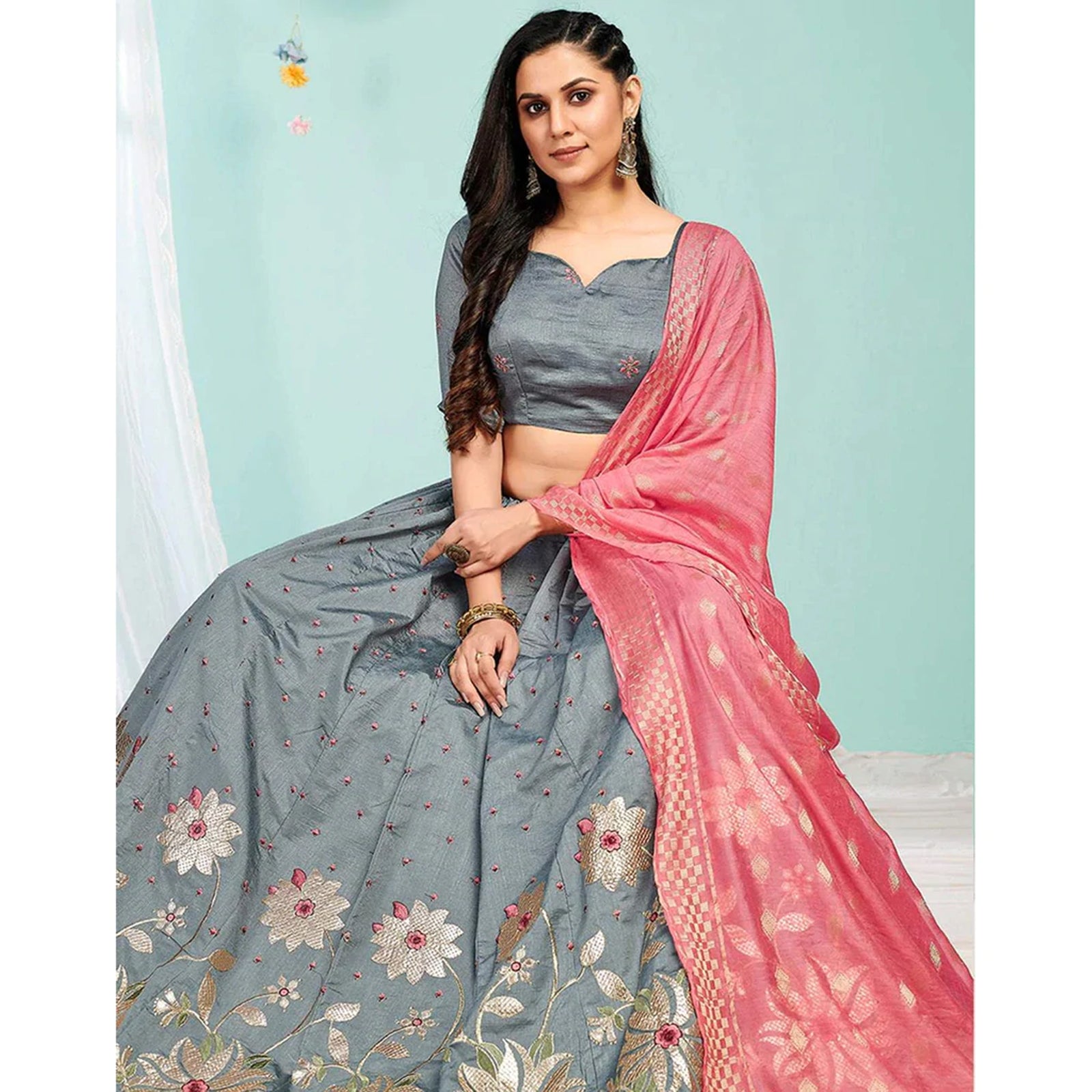 Santa Grey Gota Patti and Zari Stich Without can can work Lehenga choli ClothsVilla