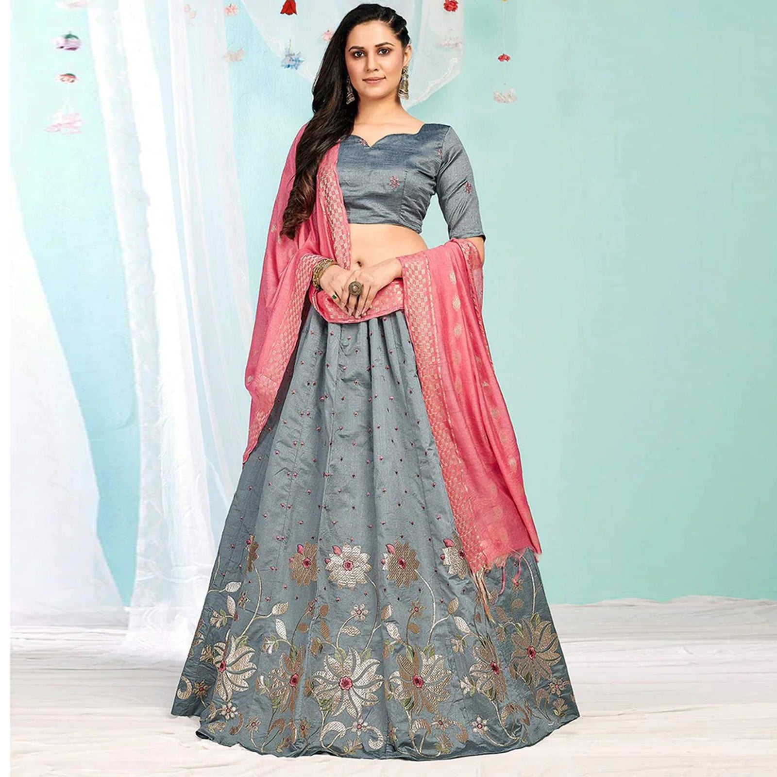 Santa Grey Gota Patti and Zari Stich Without can can work Lehenga choli ClothsVilla