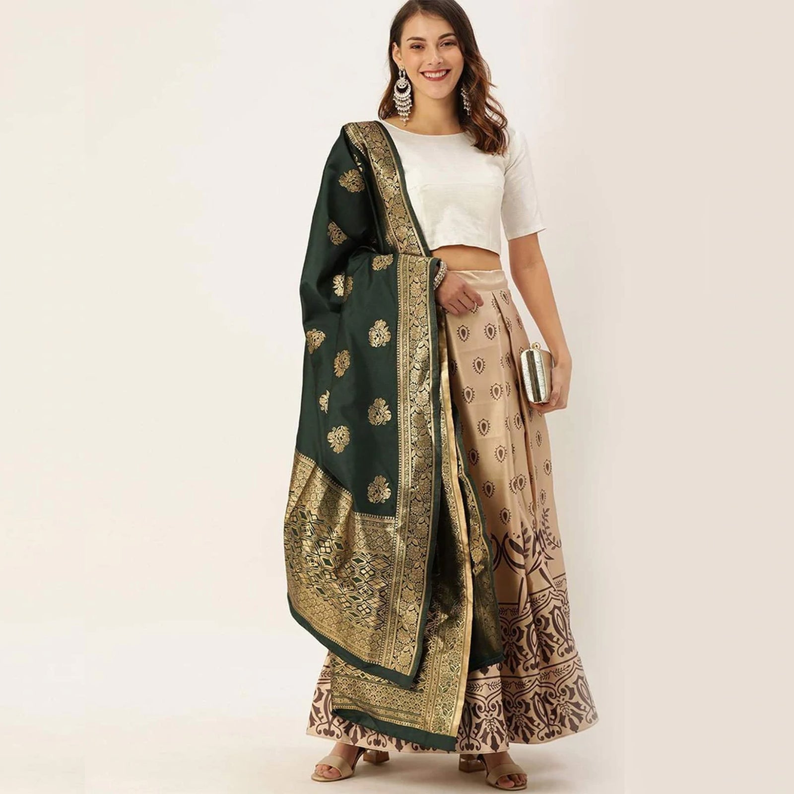 Satin Silk Lehenga Choli with Unstitch White Blouse and Jacquard Readymade Dupatta ClothsVilla