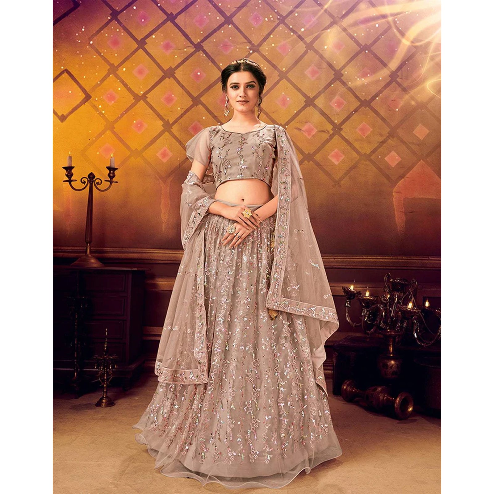 Light Brown color Soft Net Lahenga with Sequence work ClothsVilla