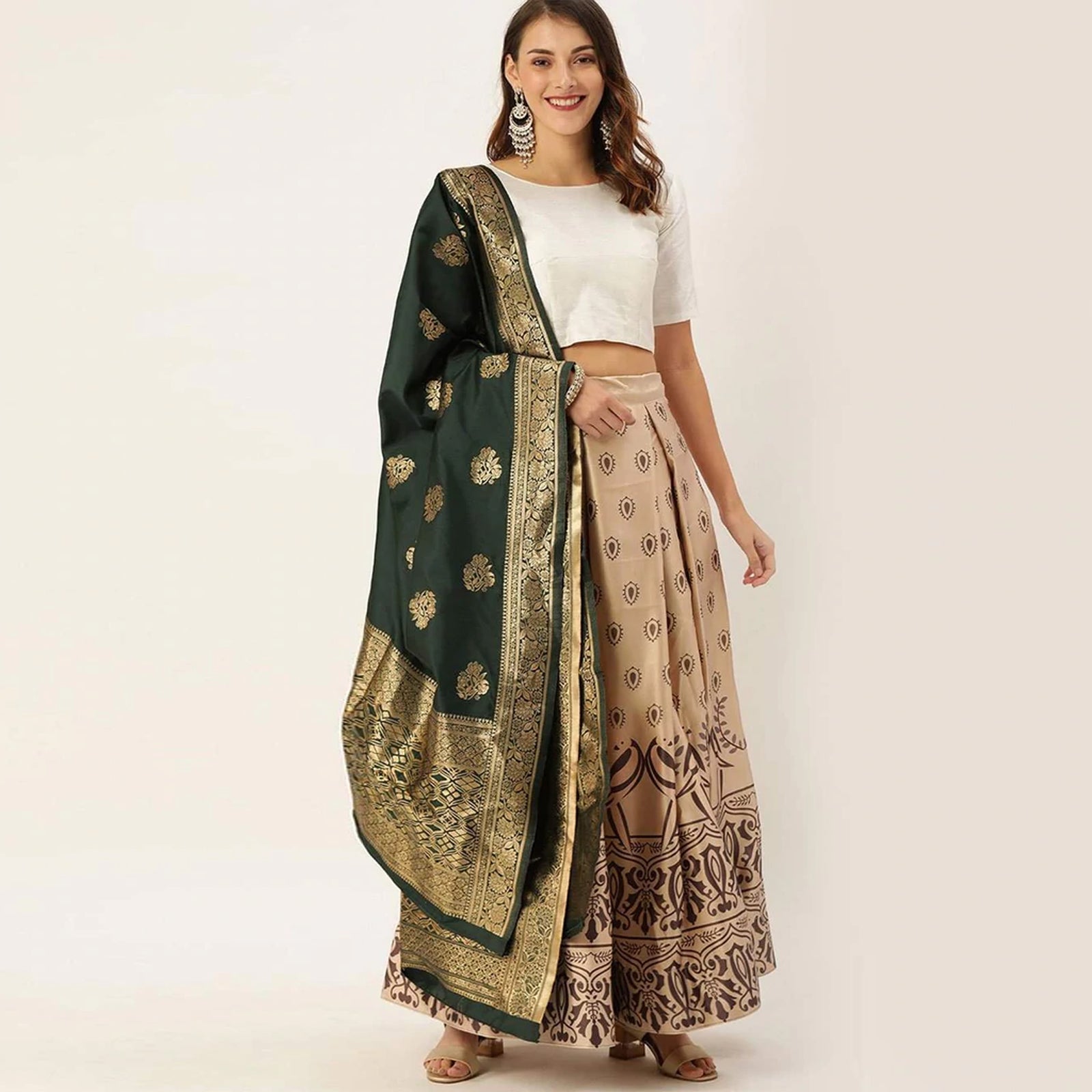 Satin Silk Lehenga Choli with Unstitch White Blouse and Jacquard Readymade Dupatta ClothsVilla