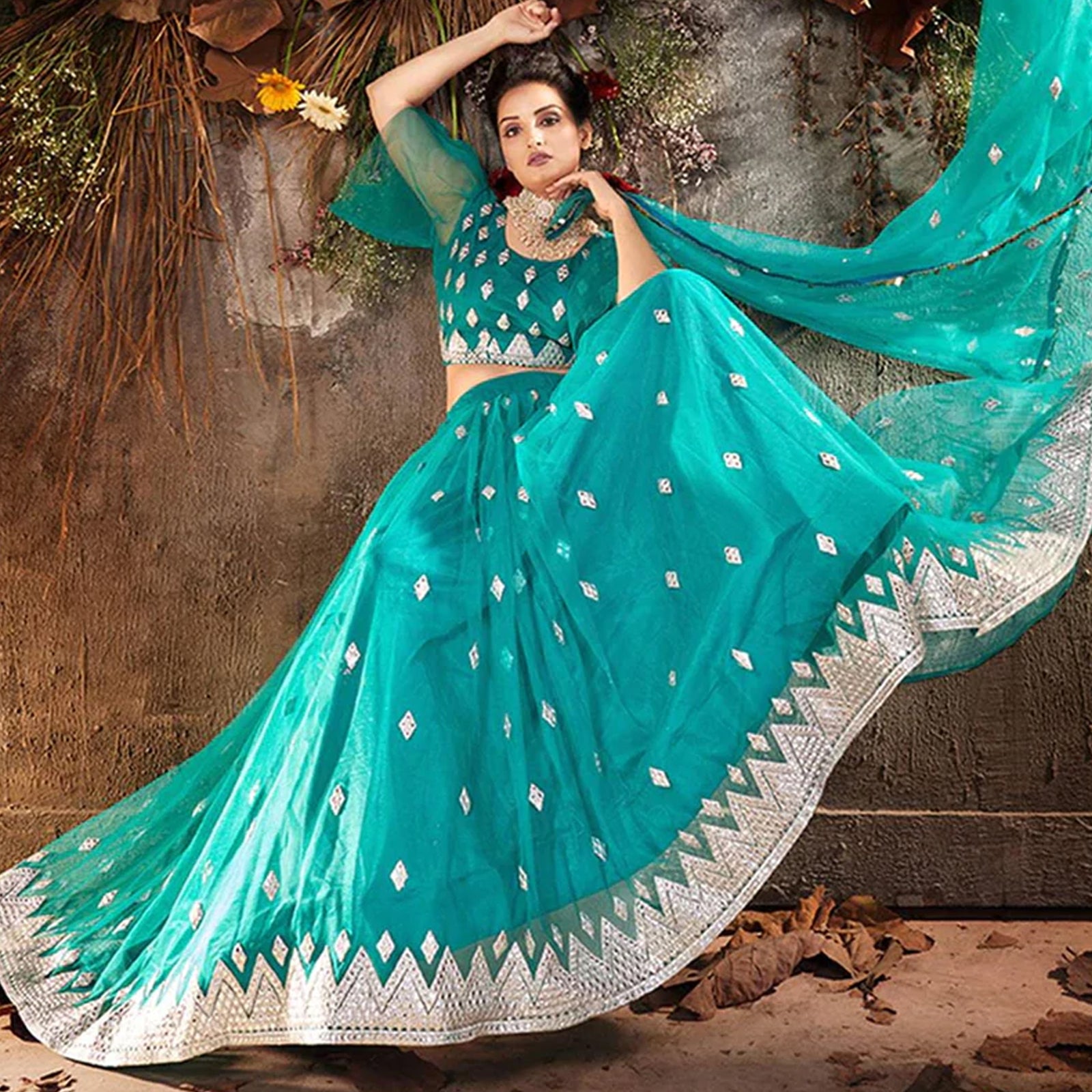 Sea Green Lehenga Choli in Soft Net with Embroidery ClothsVilla