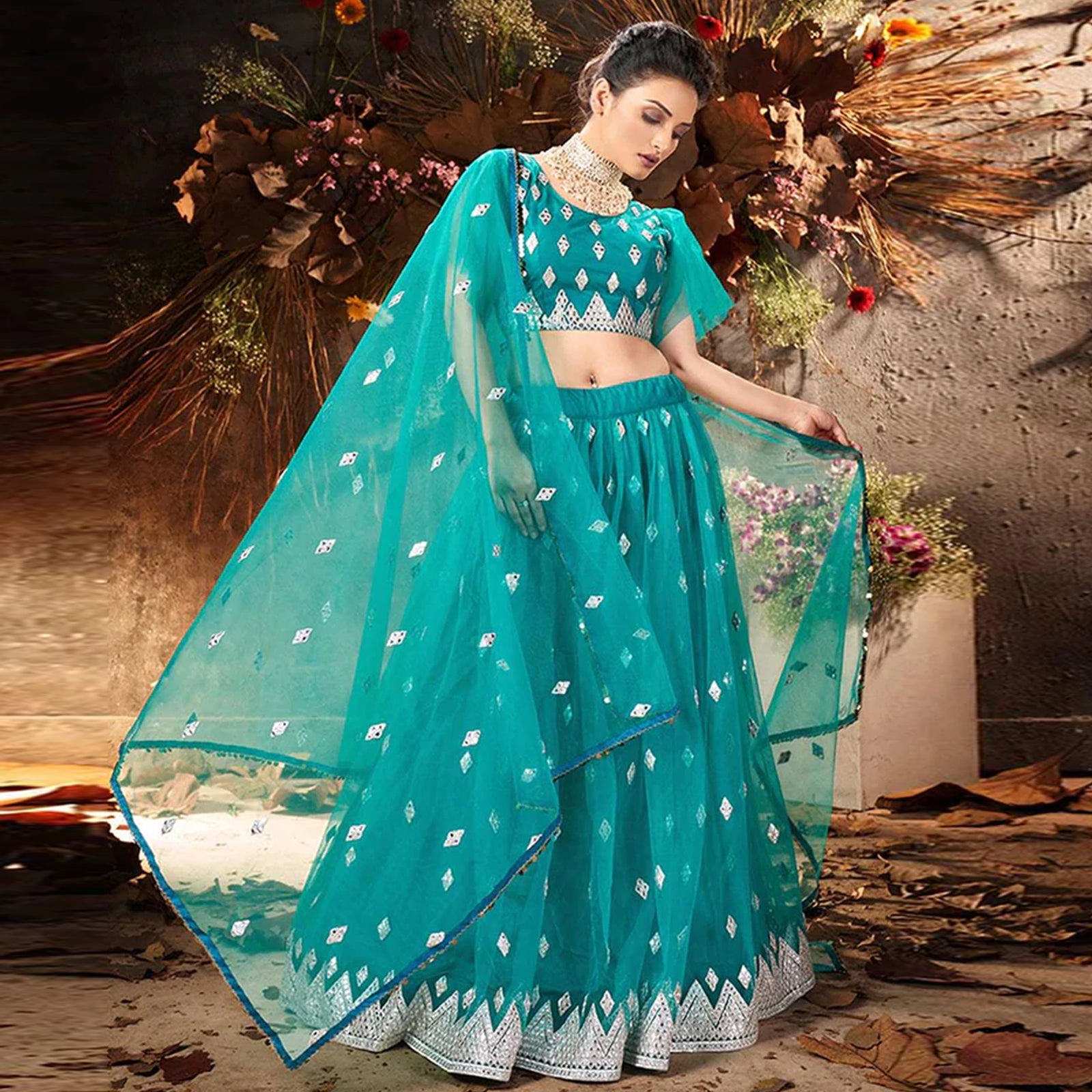 Sea Green Lehenga Choli in Soft Net with Embroidery ClothsVilla