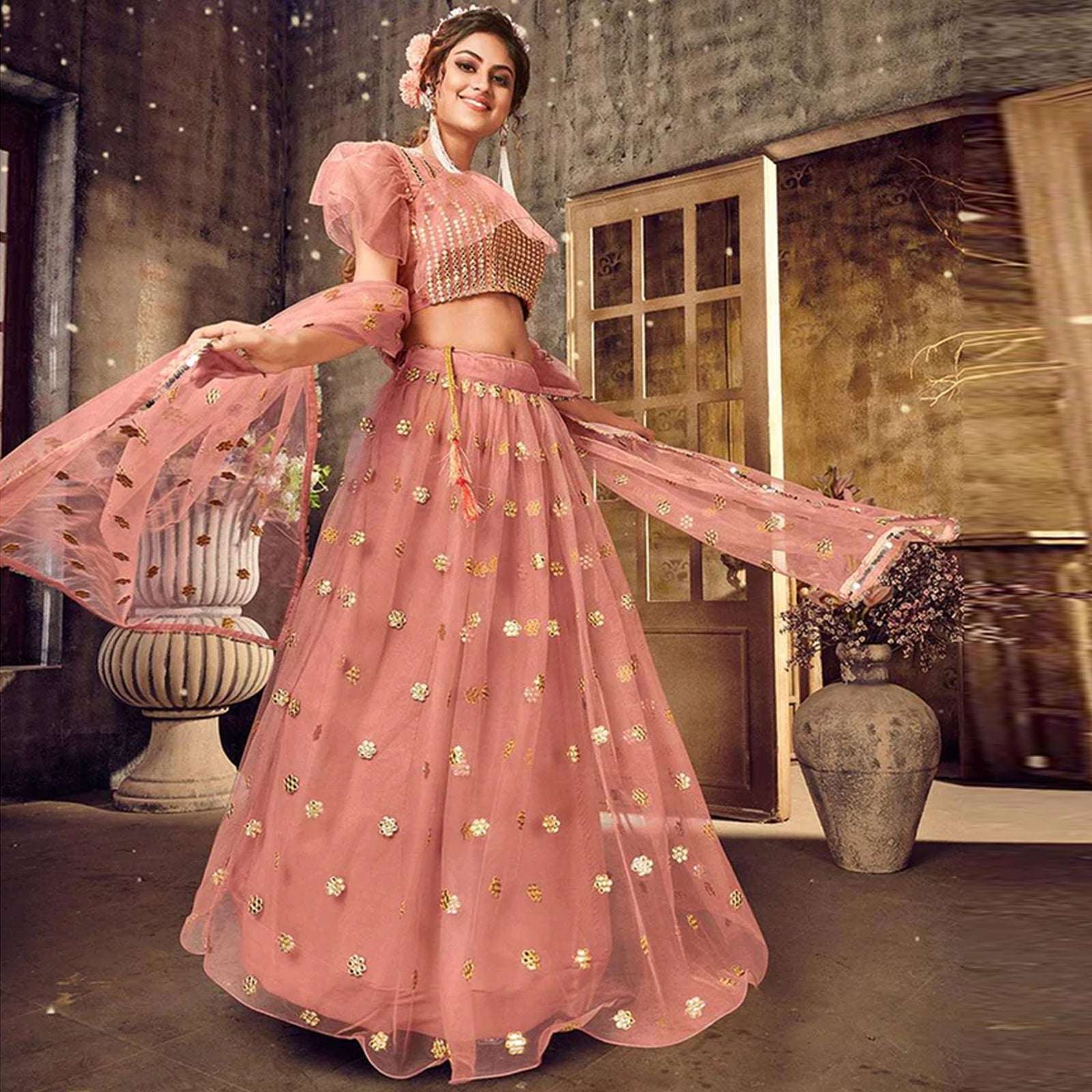 Sea Pink color Soft Net Lehenga choli ClothsVilla