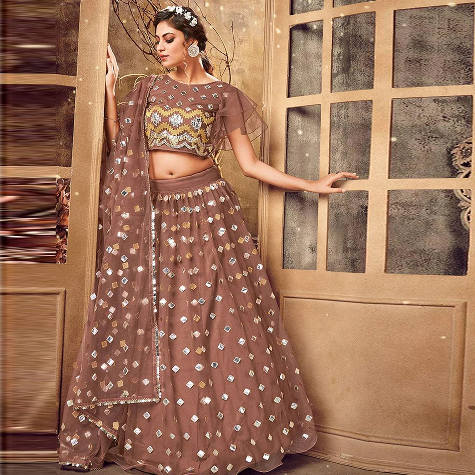 Sepia skin color Soft Net Lehenga choli ClothsVilla