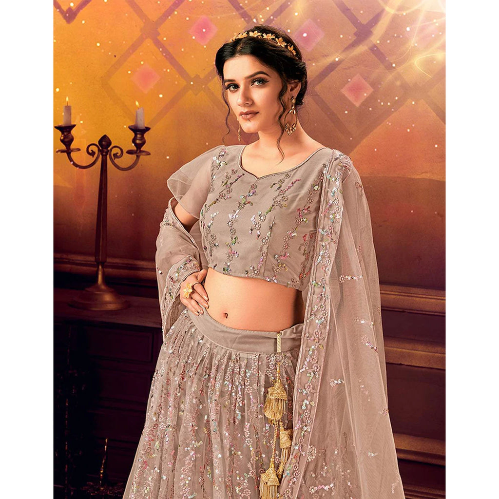 Light Brown color Soft Net Lahenga with Sequence work ClothsVilla