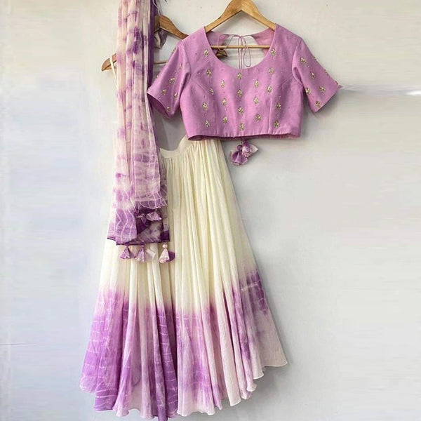 Shibori Marble Dyed Lehenga with Raw Silk Hand Embroidered Blouse In Multi Colors ClothsVilla