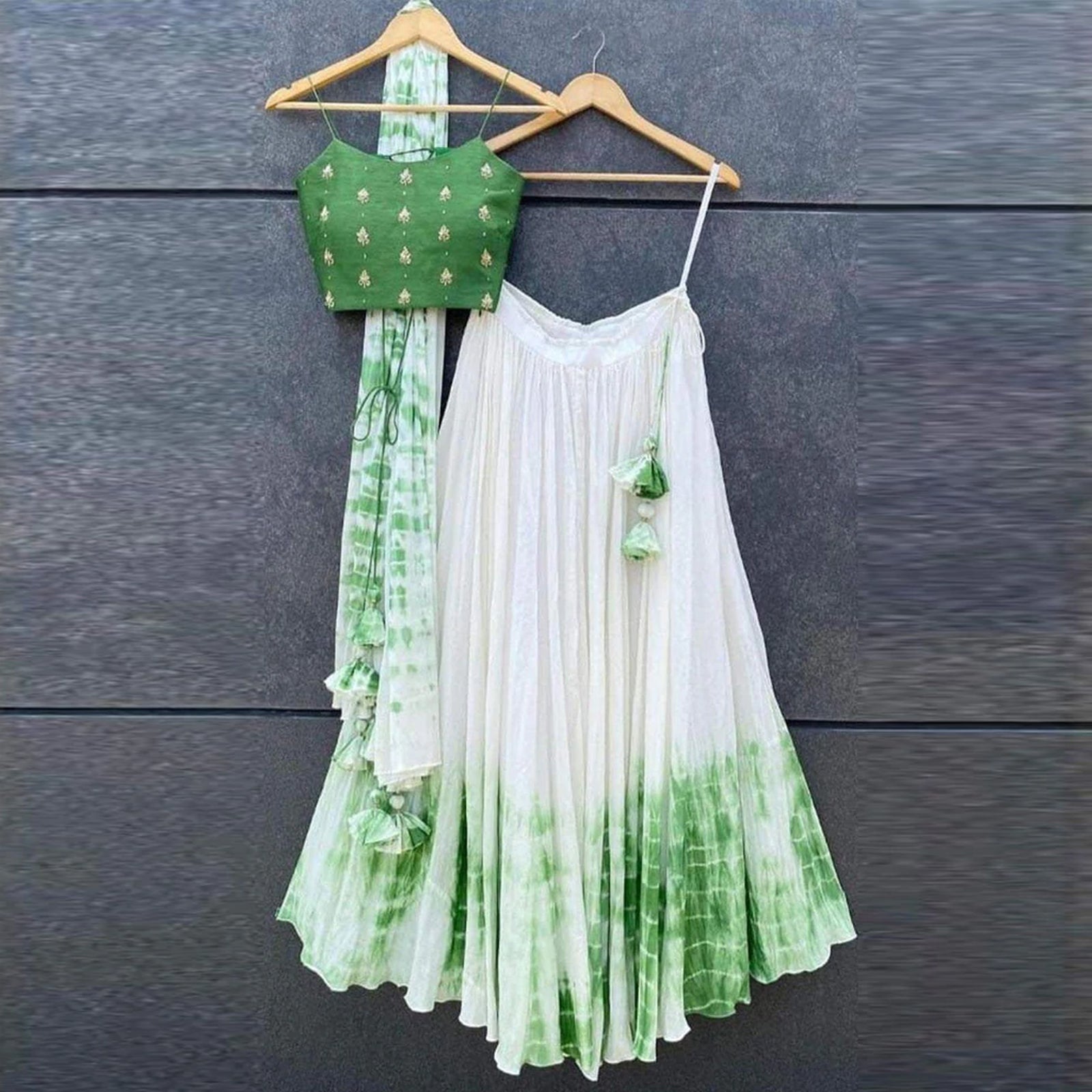 Shibori Marble Dyed Lehenga with Raw Silk Hand Embroidered Blouse In Multi Colors ClothsVilla