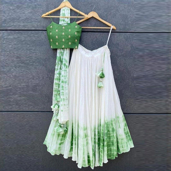 Shibori Marble Dyed Lehenga with Raw Silk Hand Embroidered Blouse In Multi Colors ClothsVilla