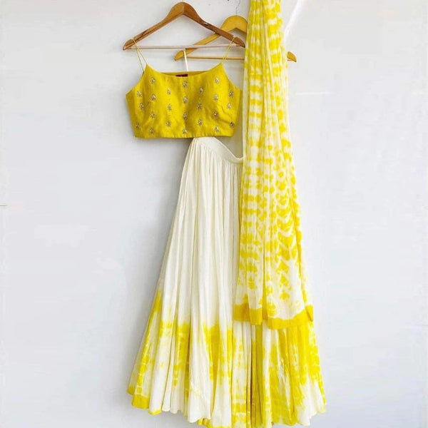 Shibori Marble Dyed Lehenga with Raw Silk Hand Embroidered Blouse In Multi Colors ClothsVilla