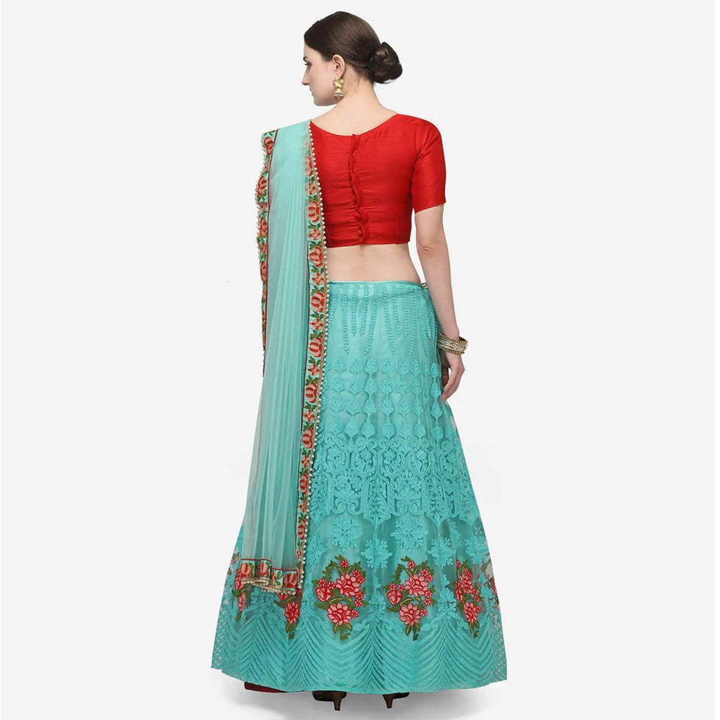 Sky Blue and Red Lehenga Choli with Heavy Embroidery Work ClothsVilla