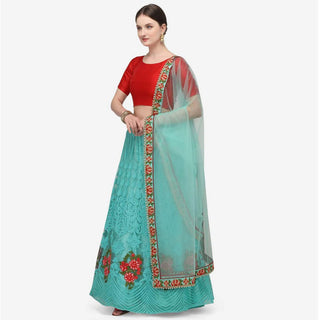 Sky Blue and Red Lehenga Choli with Heavy Embroidery Work ClothsVilla