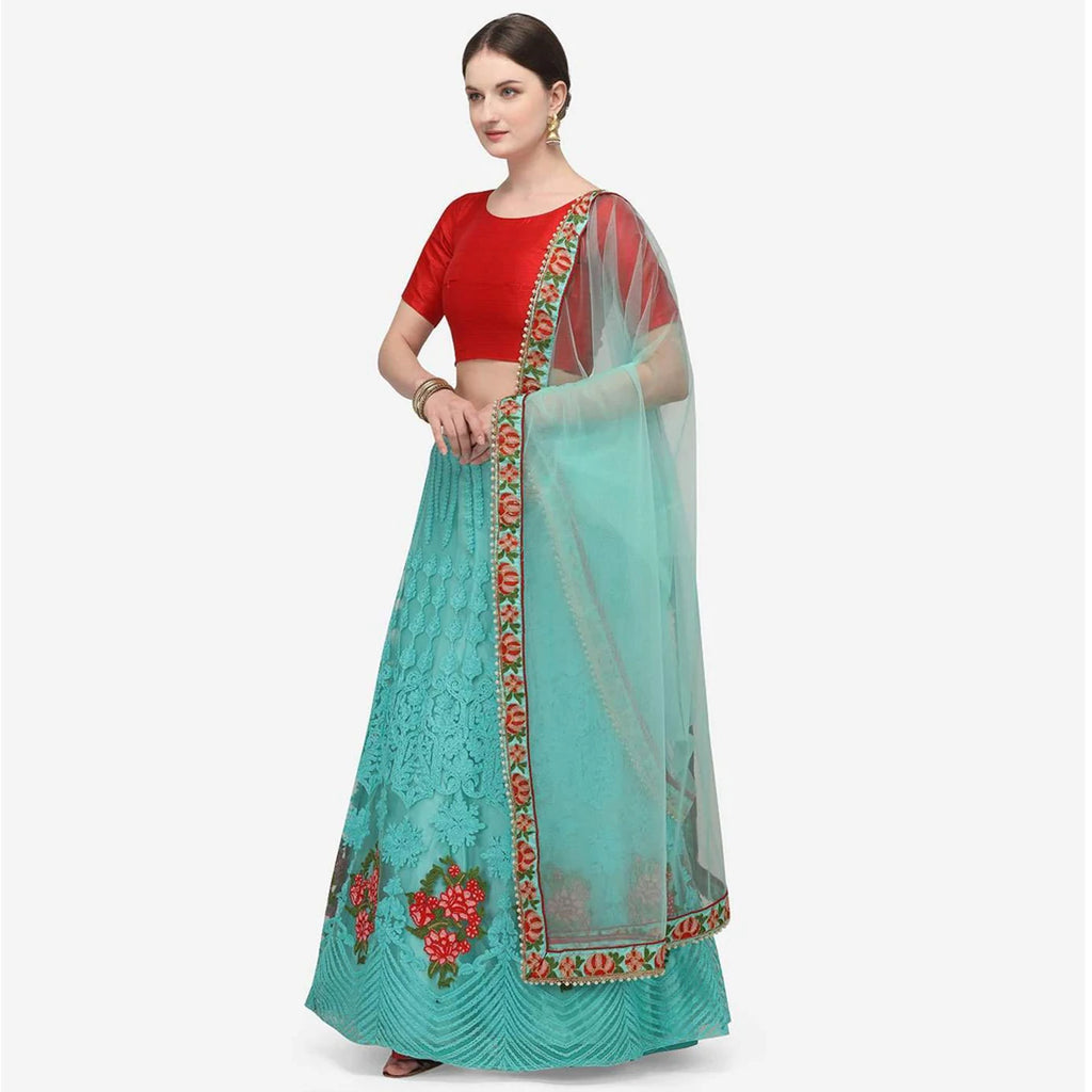 Sky Blue and Red Lehenga Choli with Heavy Embroidery Work ClothsVilla