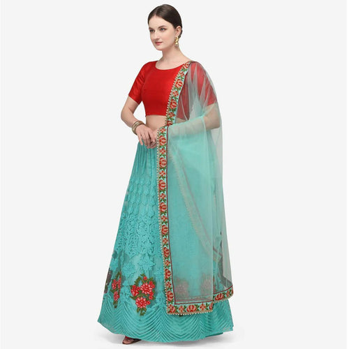 Sky Blue and Red Lehenga Choli with Heavy Embroidery Work ClothsVilla