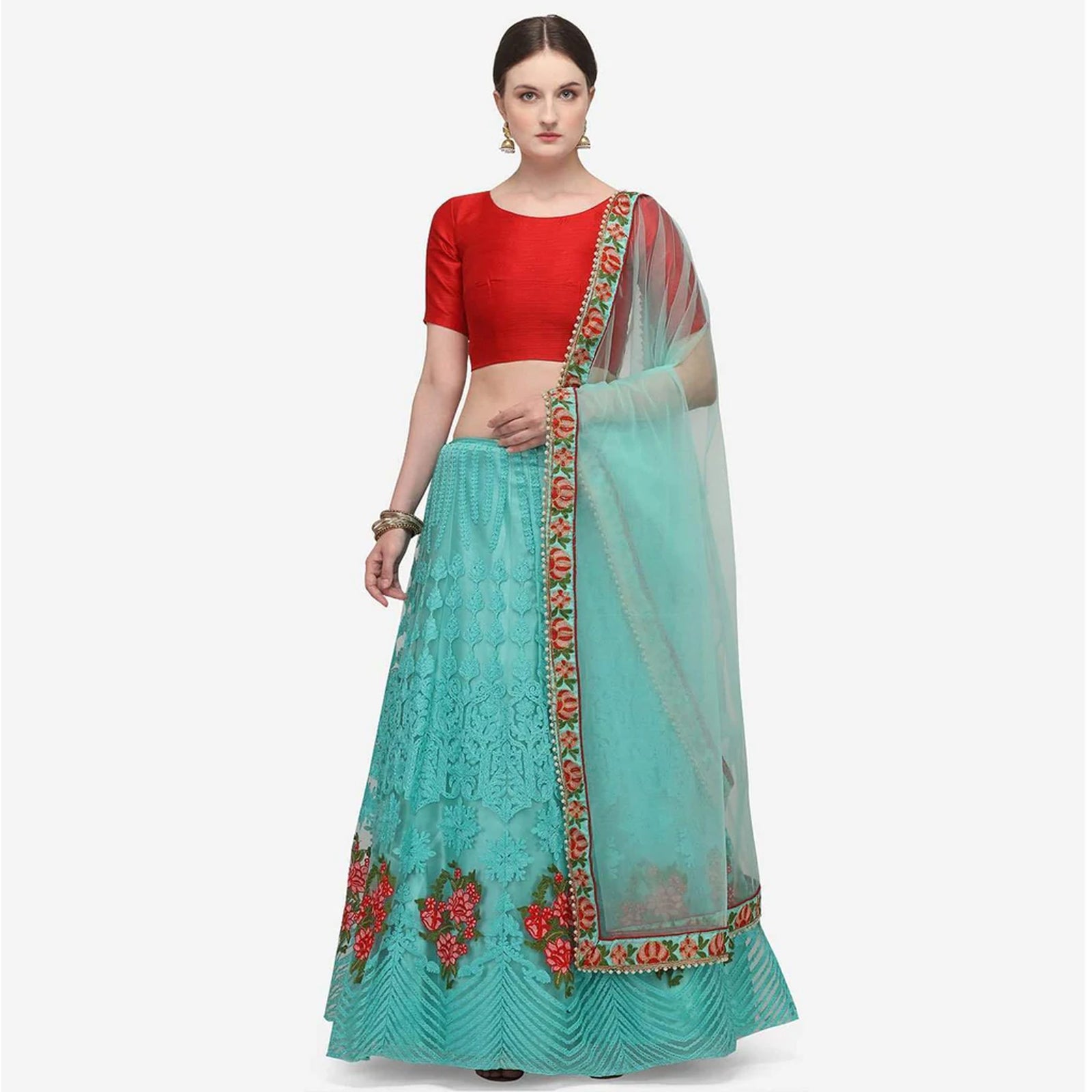 Sky Blue and Red Lehenga Choli with Heavy Embroidery Work ClothsVilla