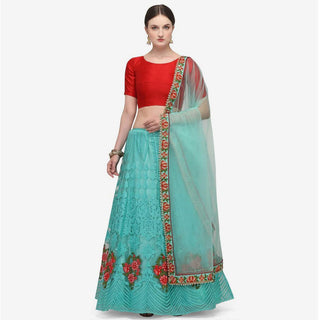 Sky Blue and Red Lehenga Choli with Heavy Embroidery Work ClothsVilla