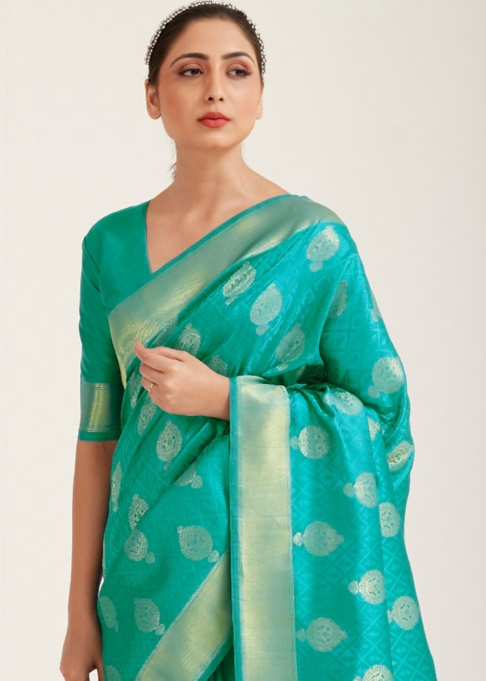 Turquoise Green Zari Butta Woven Banasari Silk Saree Secondary image