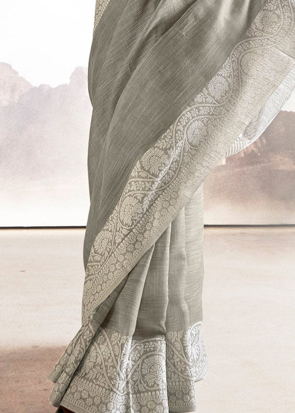 Pewter Grey Soft Linen Silk Saree with Lucknowi work and Sequence Blouse Clothsvilla