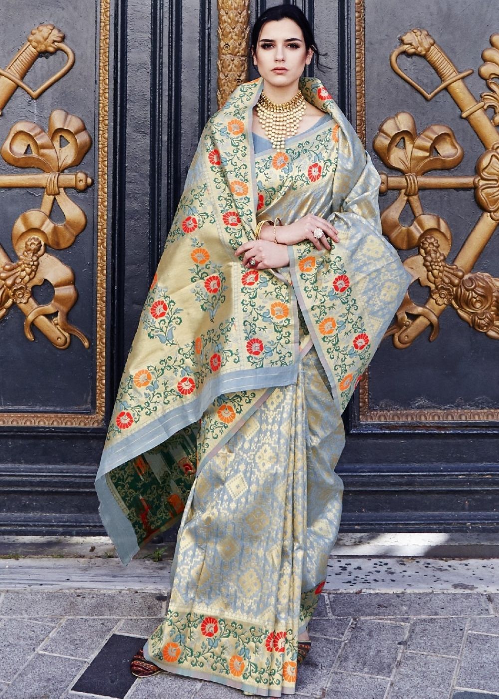 Flint Gray and Golden Blend Silk Saree with Floral Woven Border and Pallu Clothsvilla