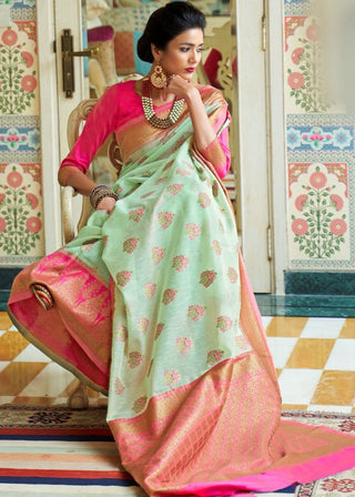 Mint Green Woven Linen Silk Saree with Butti overall Clothsvilla