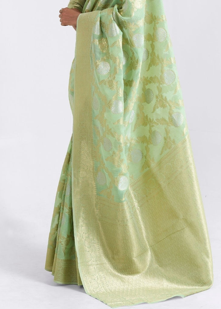 Mint Green Zari Woven Linen Silk Saree Clothsvilla