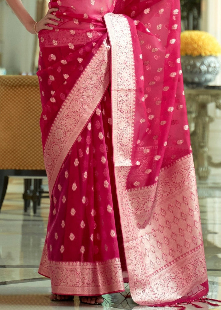 Ruby Pink Zari Woven Organza Silk Saree Clothsvilla