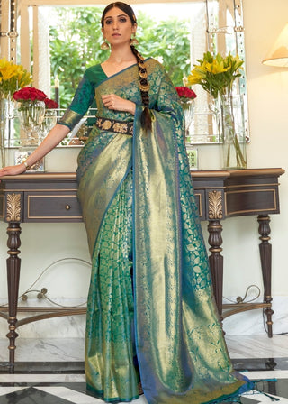 Castleton Green Zari Woven Kanjivaram Silk Saree with Tassels on Pallu Clothsvilla