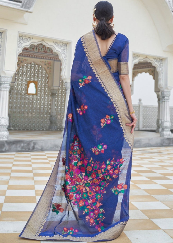 Lapis Blue Floral Embroidered Linen Silk Saree Clothsvilla