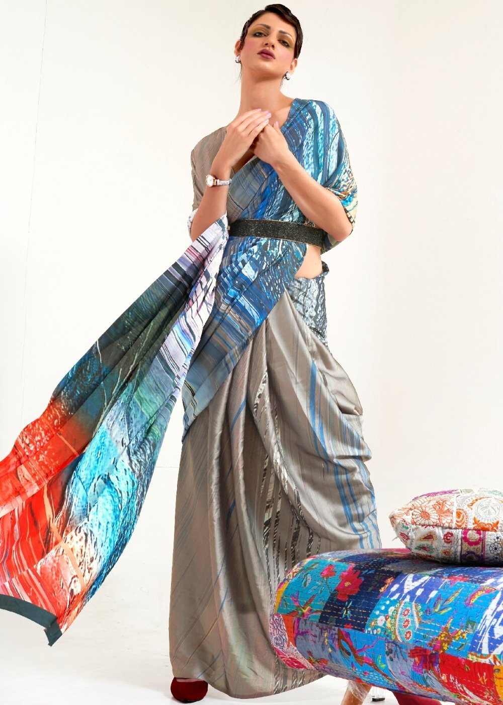 Camel Brown Digital Printed Satin Crepe Saree Secondary image