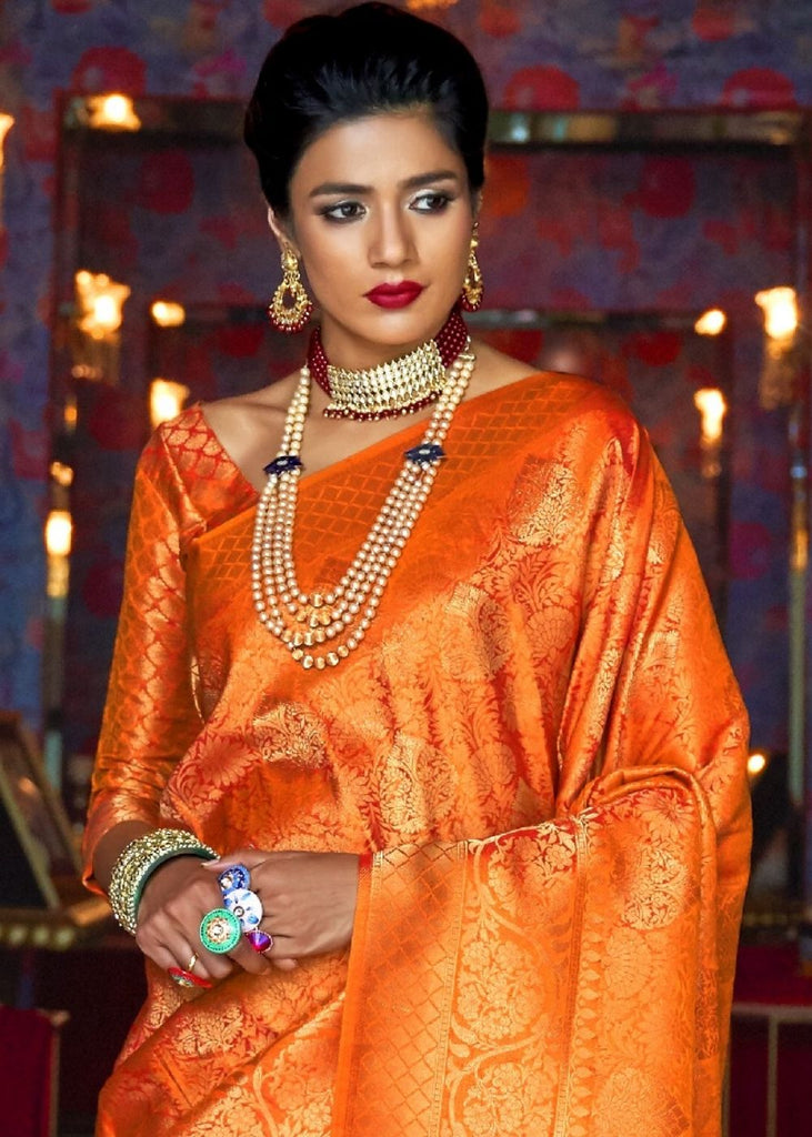 Apricot Orange and Golden Blend Woven Kanjivaram Soft Silk Saree Clothsvilla