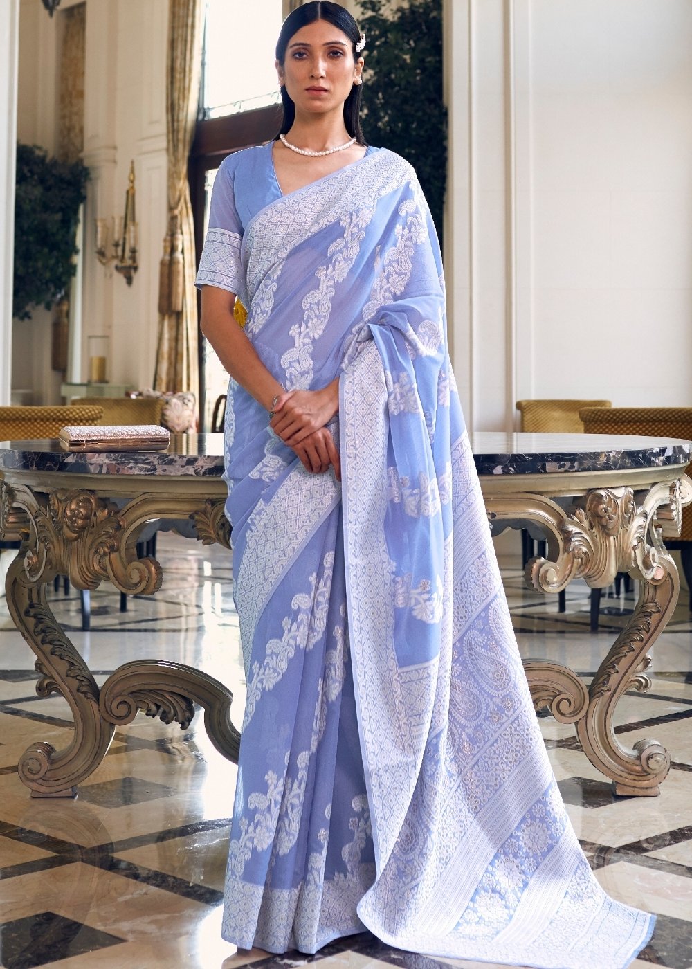 Floral Purple Lucknowi Chikankari Weaving Silk Saree Clothsvilla