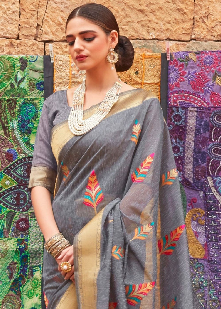 Seal Grey Linen Silk Saree with Colorful Weaving work Clothsvilla