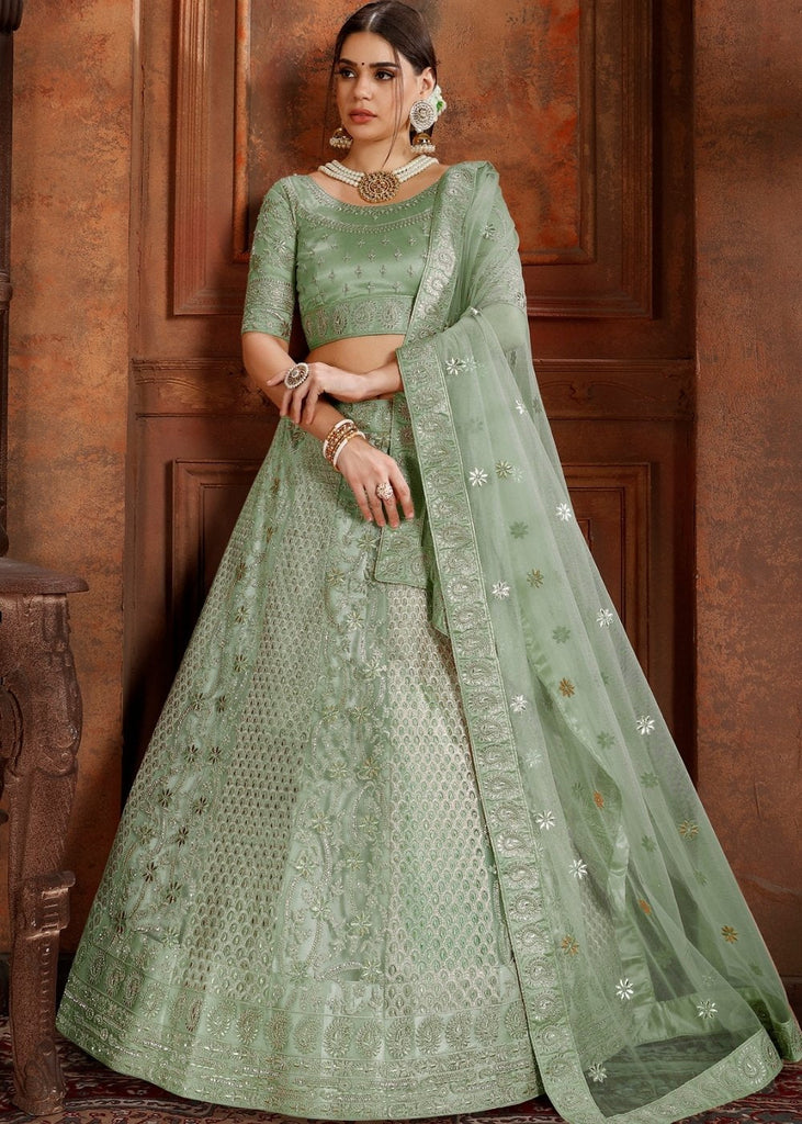 Pista Green Soft Net Lehenga Choli with Thread,Zari, Zarkan & Pearl work Clothsvilla