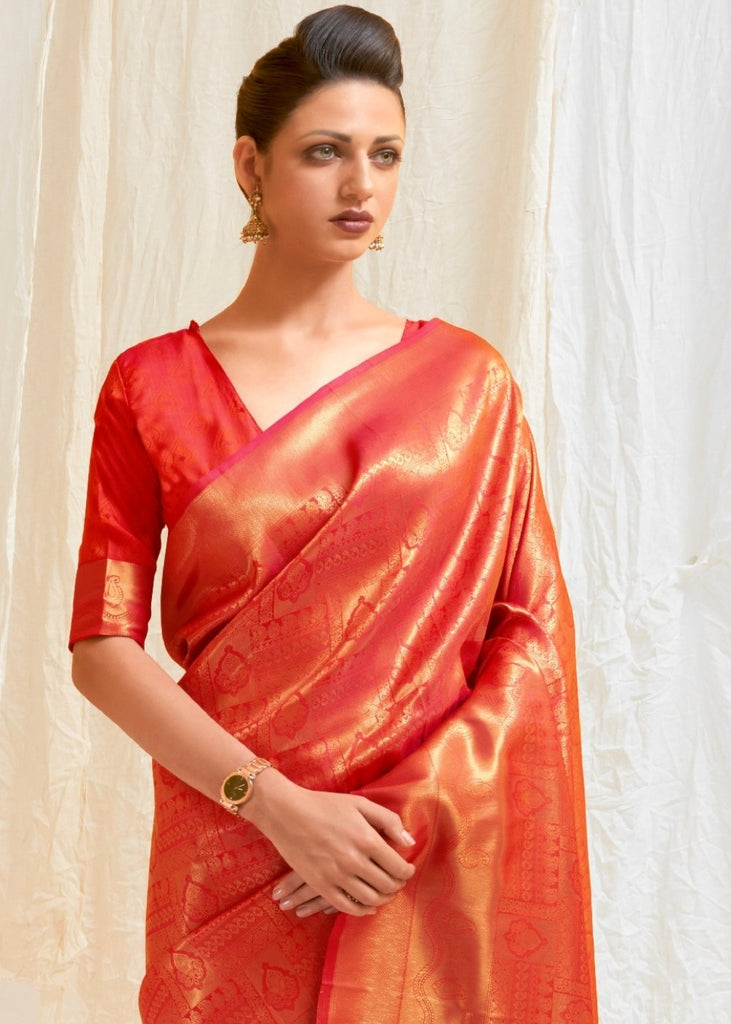 Scarlet Red & Golden Blend Kanjivaram Silk Saree Clothsvilla