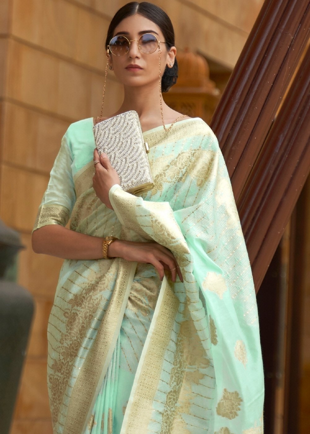 Mint Green Zari Woven Silk Saree with Sequins work Secondary image