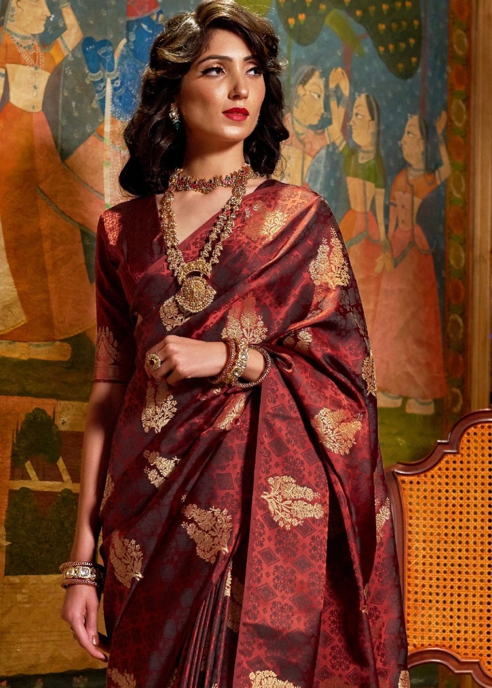Mahogany Red Satin Woven Silk Saree with overall Golden Buti Clothsvilla