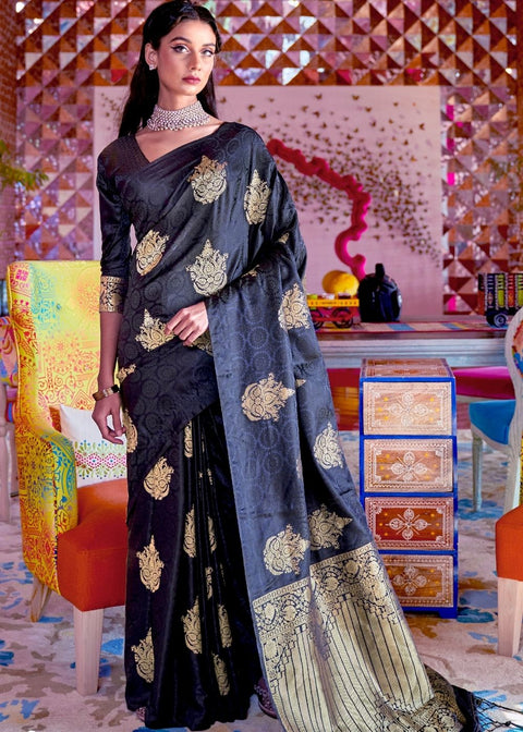Soot Black Satin Silk Saree with overall Golden Butti Clothsvilla Main image