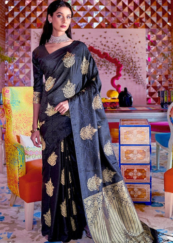 Soot Black Satin Silk Saree with overall Golden Butti Clothsvilla