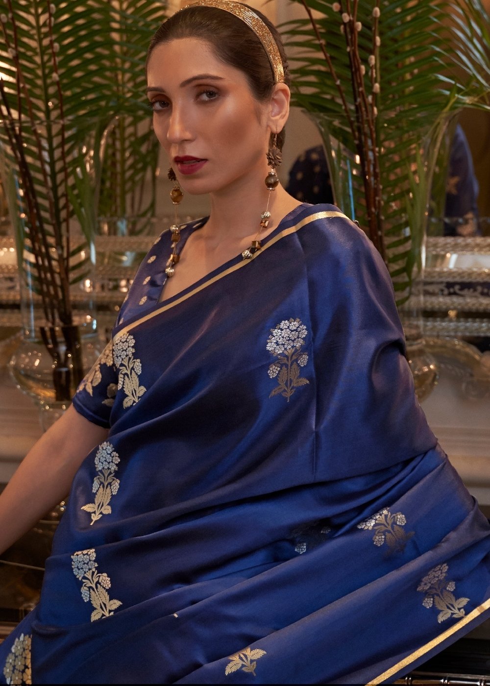 Midnight Blue Designer Satin Silk Saree Secondary image